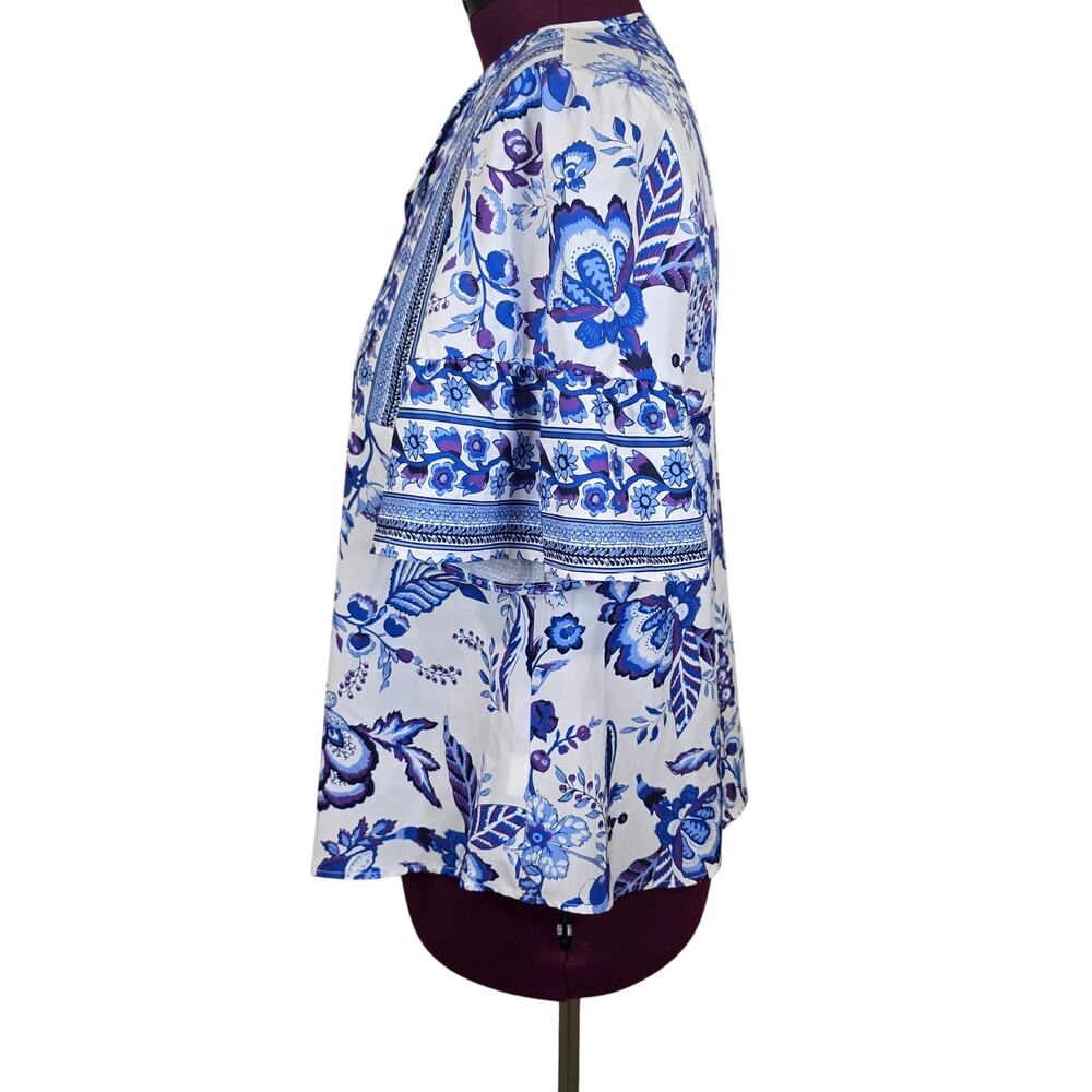 Women's C+D+M Blue Floral Short Sleeve Blouse | Size Large - Picture 2 of 11